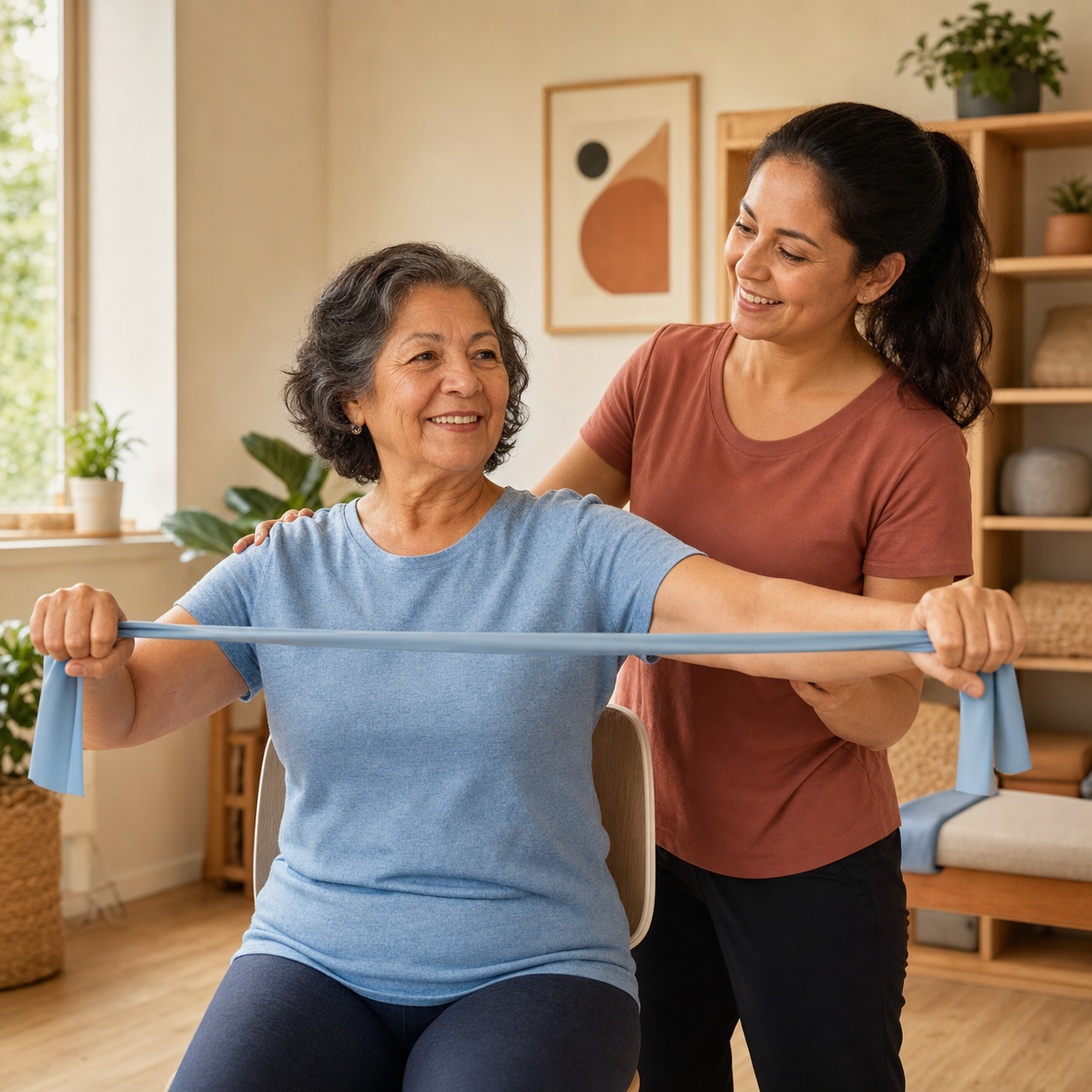 Persona mayor realizando ejercicio de fuerza con acompañamiento profesional para prevenir la sarcopenia